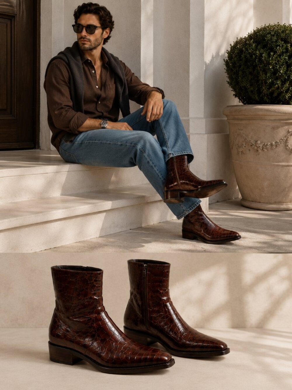 Cesare Paciotti Heroes Men's Croc Embossed Leather Ankle Boots Brown US 6 EU 39
